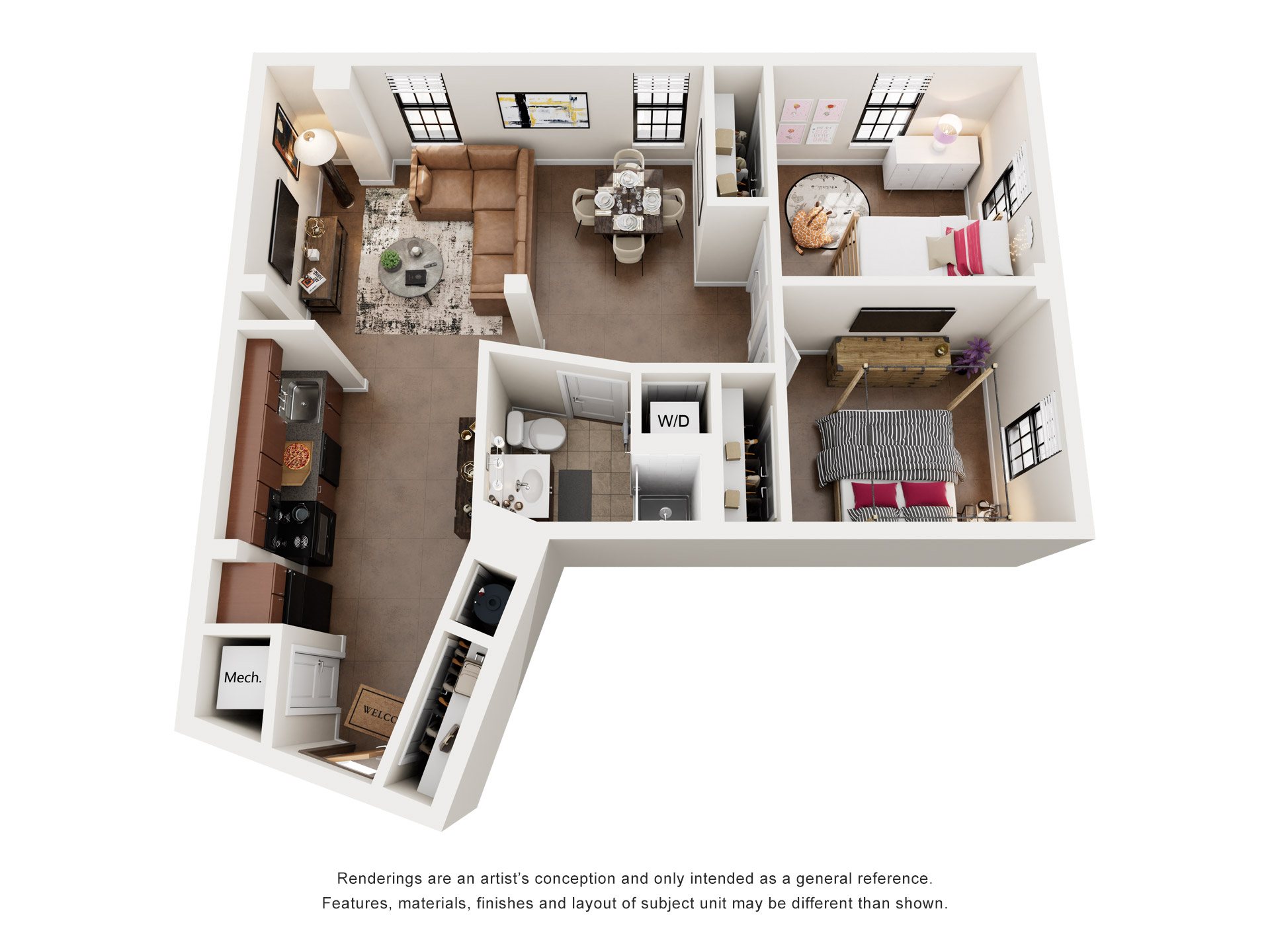 Floor plan for 2 beds, 1 bath, 960 sqft